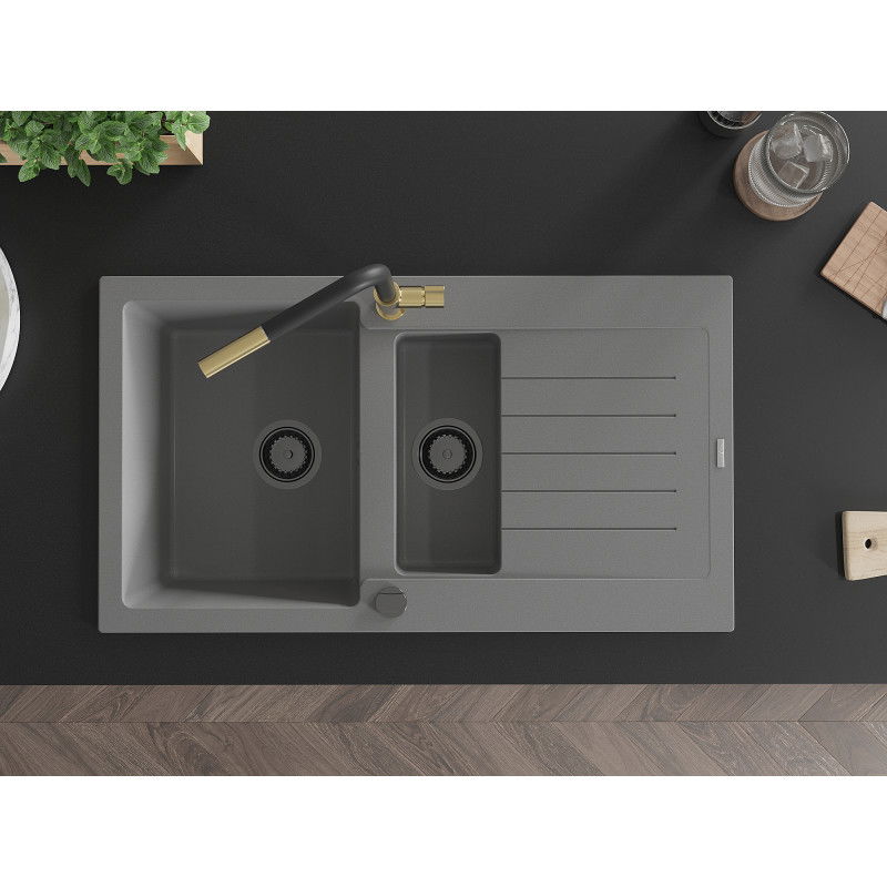 Mexen Matias granitinė 1,5 skyrių kriauklė su nubėgimu ir virtuviniu maišytuvu Flora, pilka - 6502-71-670401-57-B