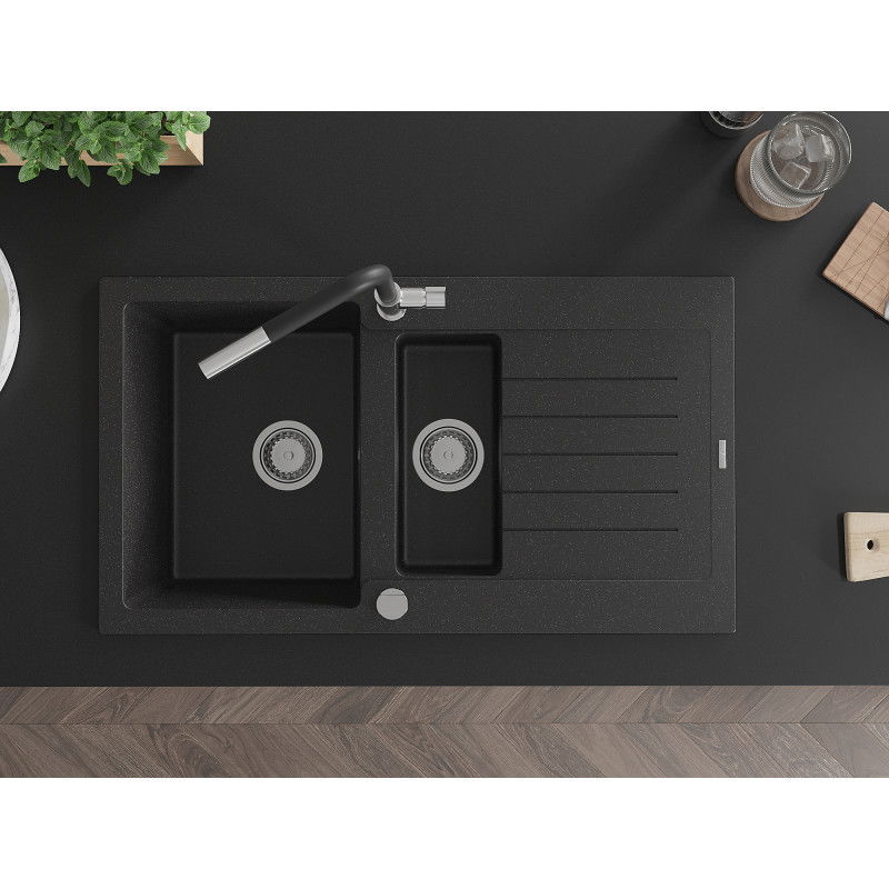 Mexen Matias granito plautuvė 1,5 skylių su nutekėjimu ir Flora virtuvės maišytuvu, juoda/sidabrinė - 6502-73-670401-07
