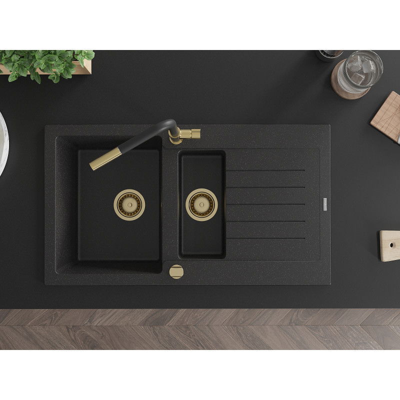 Mexen Matias granito kriauklė 1,5-komorinė su lašintuvu ir Flora virtuvės čiaupu, juodas/sidabrinis - 6502-73-670401-57-G