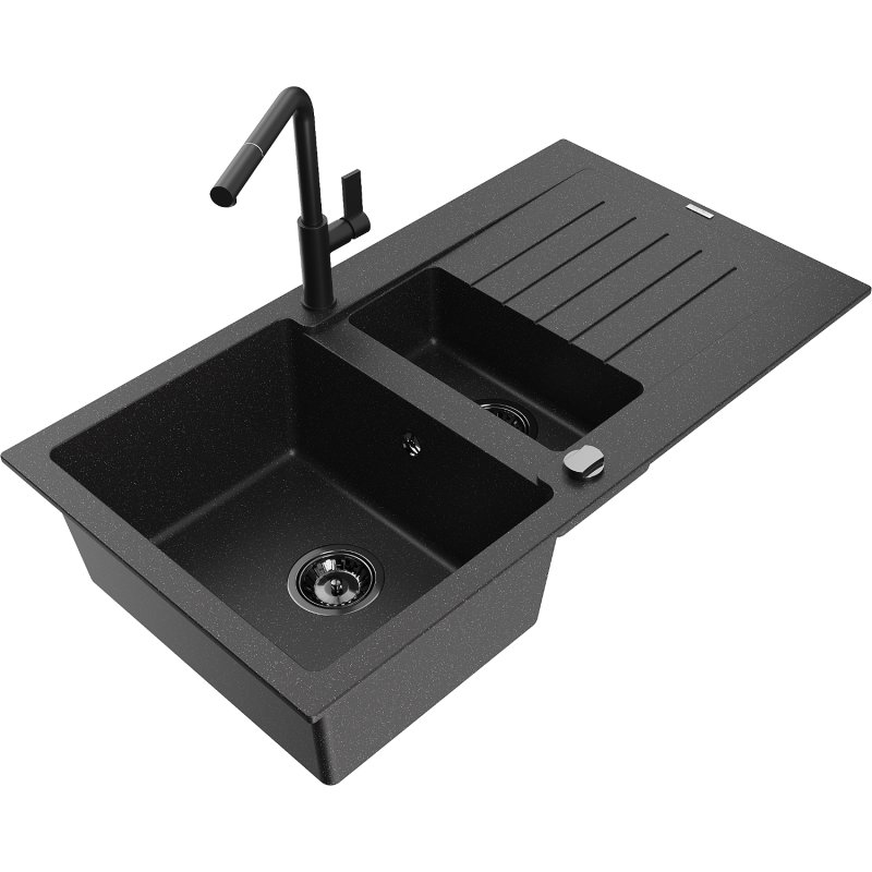 Mexen Matias granitinė 1,5 kameros kriauklė su nusausinimo lenta ir virtuviniu maišytuvu Flora, juoda/sidabrinė