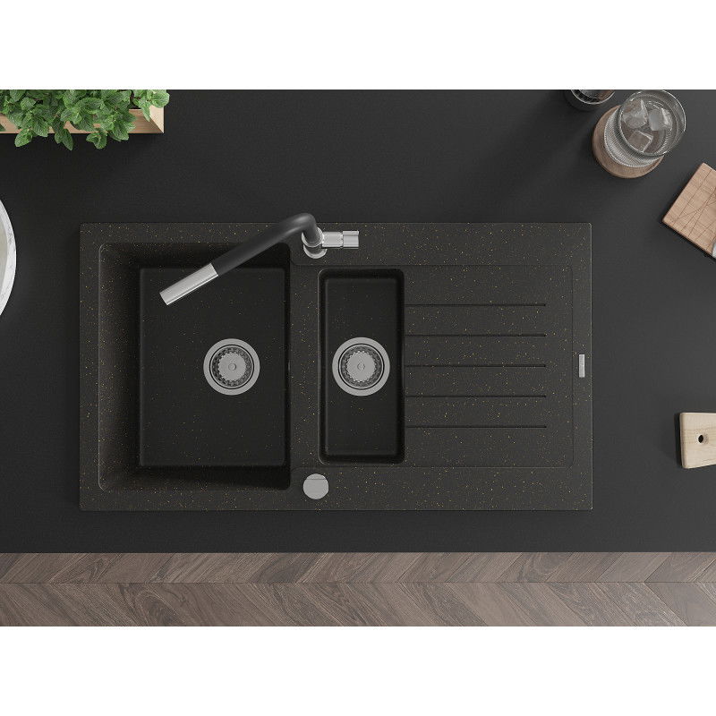 Mexen Matias grindinis 1,5 kamerų kriauklė su indaplovu ir Flora virtuvės maišytuvu, juoda/auksinė metalik