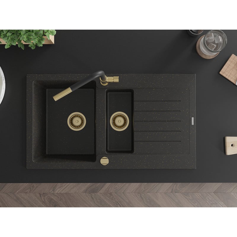 Mexen Matias 1,5 kamerų granitinė kriauklė su drenažu ir virtuviniu Flora maišytuvu, juoda/auksinė - 6502-75-670401-57-G