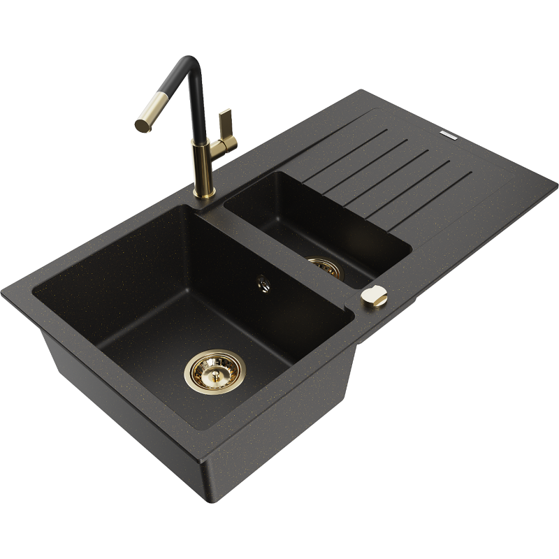 Mexen Matias 1,5 kamerų granitinė kriauklė su drenažu ir virtuviniu Flora maišytuvu, juoda/auksinė - 6502-75-670401-57-G