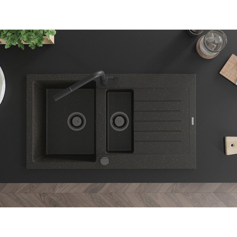 Mexen Matias granitinis 1,5 kamerų kriauklė su nusausintuvu ir virtuvės maišytuvu Flora, juoda/auksinė - 6502-75-670401-70-B