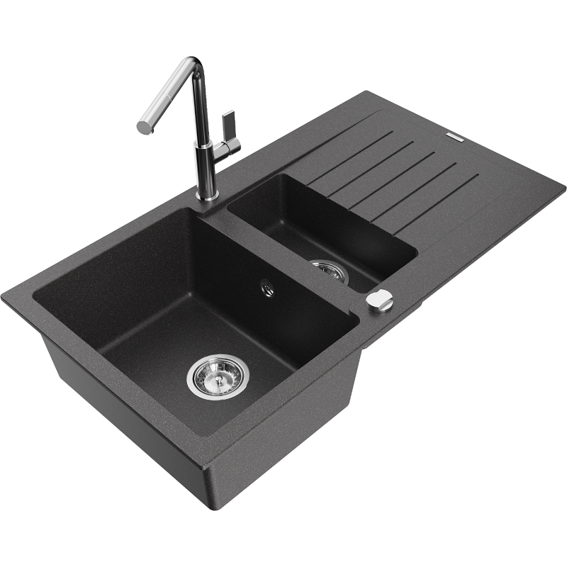 Mexen Matias 1,5 skylių granito kriauklė su drenažu ir Flora virtuviniu maišytuvu, juodas taškuotas - 6502-76-670401-00