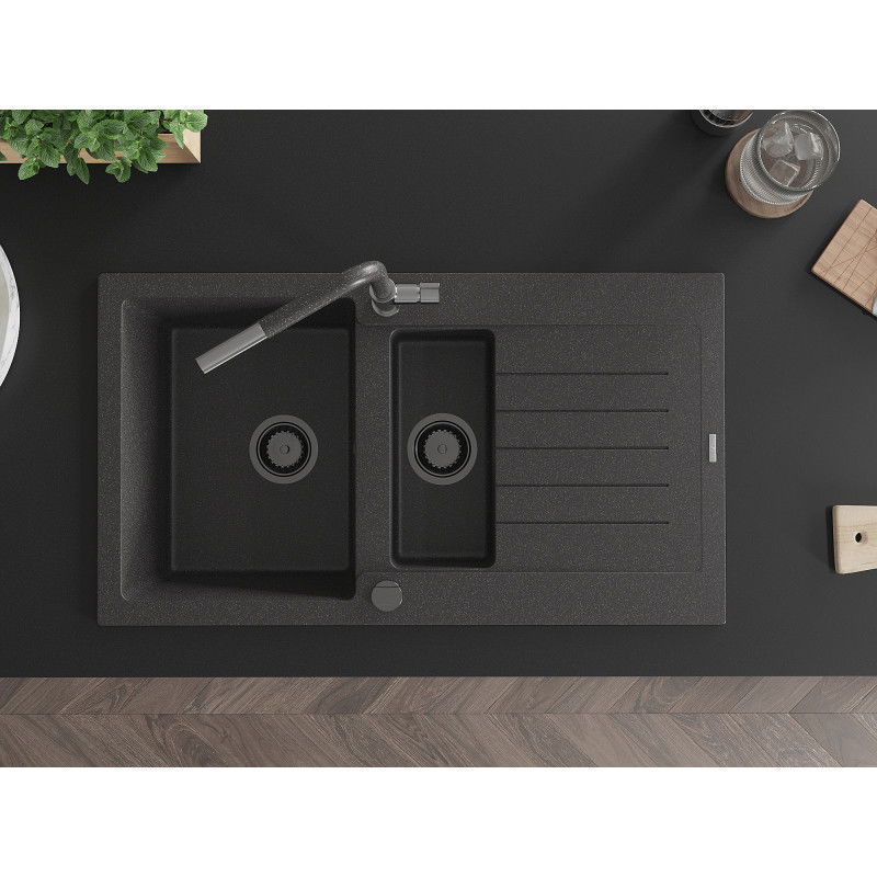 Mexen Matias granitinis kriauklė 1,5 skylių su nusausintuvu ir Flora virtuvės maišytuvu, juoda dėmėta - 6502-76-670401-08-B