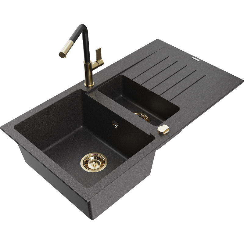 Mexen Matias grindinis granitinis plautuvas su 1,5 skyriais, su nusausintuvu ir virtuviniu Flora maišytuvu, juodas taškuotas