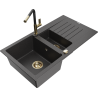 Mexen Matias grindinis granitinis plautuvas su 1,5 skyriais, su nusausintuvu ir virtuviniu Flora maišytuvu, juodas taškuotas