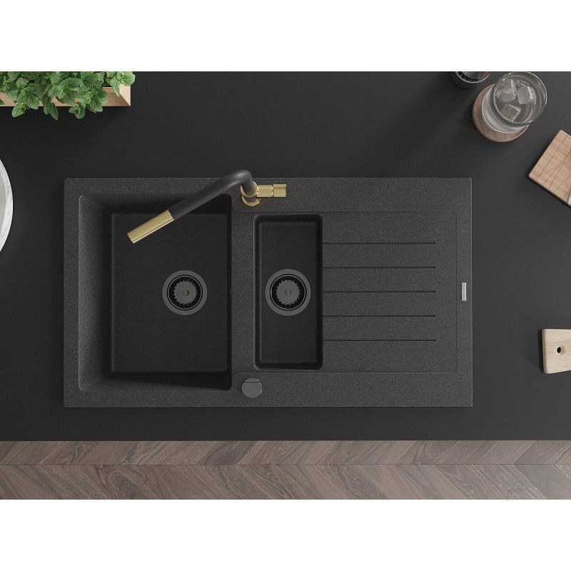 Mexen Matias granitinis 1,5 skyrių plautuvė su nusausintuvu ir virtuviniu čiaupu Flora, juoda taškuota - 6502-76-670401-57-B