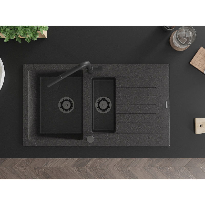 Mexen Matias granitinis plautuvės 1,5 kamerų su džiovykla ir virtuviniu maišytuvu Flora, juodas dėmėtas - 6502-76-670401-70-B