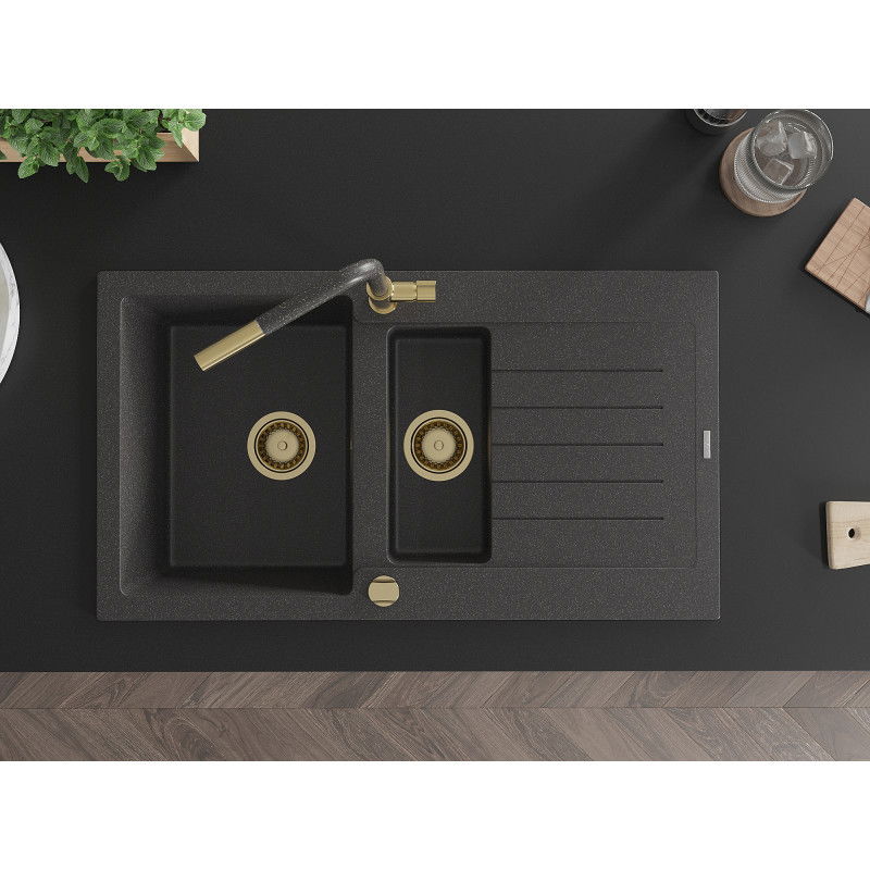 Mexen Matias granitinė 1,5 užkandiai su nusausintuvu ir Flora virtuvės maišytuvu, juodas su taškeliais - 6502-76-670401-75-G