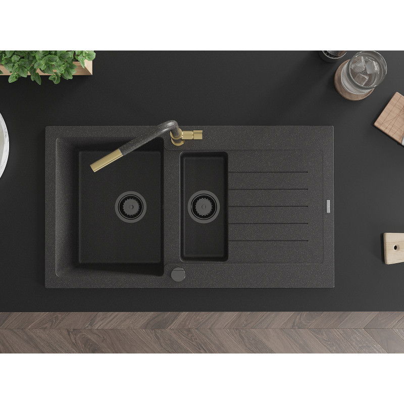 Mexen Matias granitinė 1,5-komorų plautuvė su nutekėjimo lentyna ir virtuviniu maišytuvu Flora, juoda dėmėta