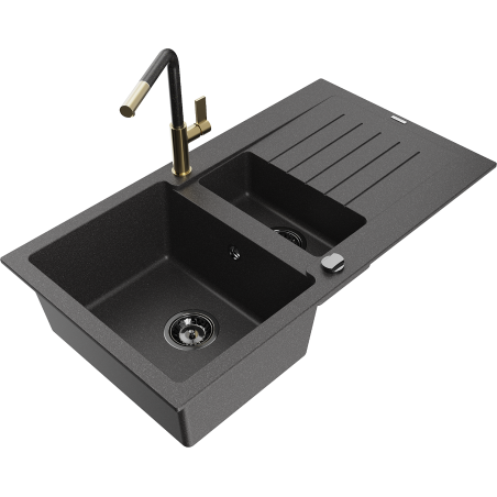 Mexen Matias granitinė 1,5-komorų plautuvė su nutekėjimo lentyna ir virtuviniu maišytuvu Flora, juoda dėmėta