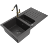 Mexen Matias granitinė 1,5-komorų plautuvė su nutekėjimo lentyna ir virtuviniu maišytuvu Flora, juoda dėmėta
