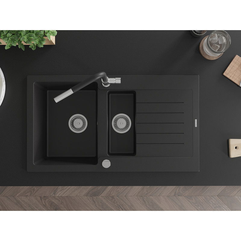 Mexen Matias granito plautuvė 1,5 skyrių su nutekamuviete ir virtuvės maišytuvu Flora, juoda - 6502-77-670401-07