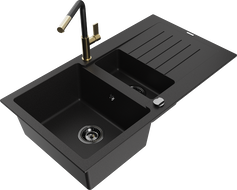 Mexen Matias granitinė virtuvės kriauklė 1,5 kambario su lašintuvu ir virtuviniu maišytuvu Flora, juoda