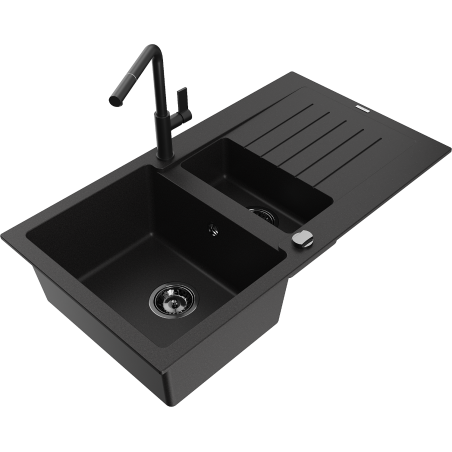 Mexen Matias granito kriauklė 1,5 skylių su ąsočiu ir virtuvės maišytuvu Flora, juoda - 6502-77-670401-70-B