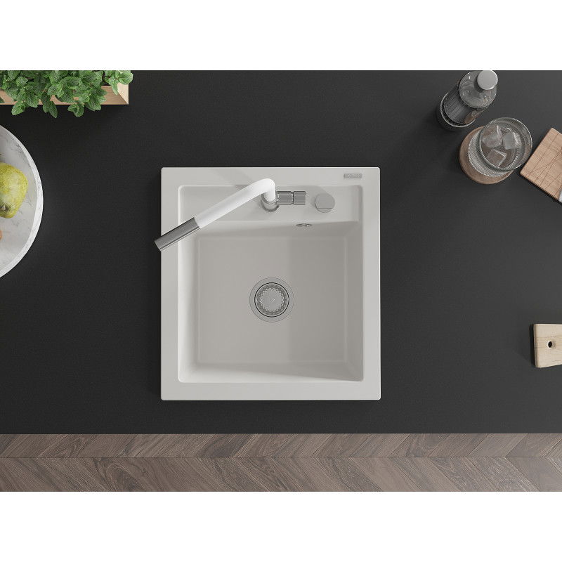 Mexen Vito vienskyrius granito kriauklė su Flora virtuviniu maišytuvu, balta - 6503-20-670401-02