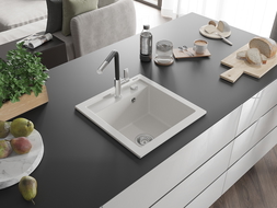 Mexen Vito vienos plautuvės granito kriauklė su virtuviniu maišytuvu Flora, balta - 6503-20-670401-07