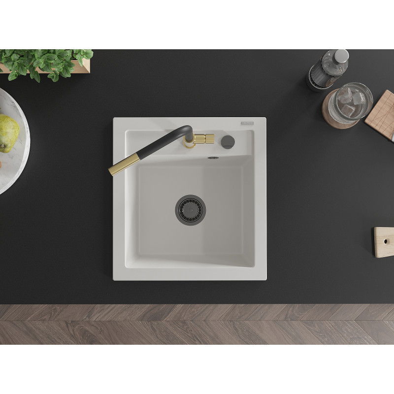 Mexen Vito granitinė vienos kameros plautuvė su virtuviniu maišytuvu Flora, balta - 6503-20-670401-57-B