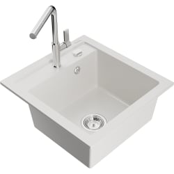 Mexen Vito granitinė vienos sekcijos plautuvė su virtuviniu maišytuvu Flora, balta - 6503-20-670401-00