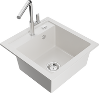 Mexen Vito granitinė vienos sekcijos plautuvė su virtuviniu maišytuvu Flora, balta - 6503-20-670401-00