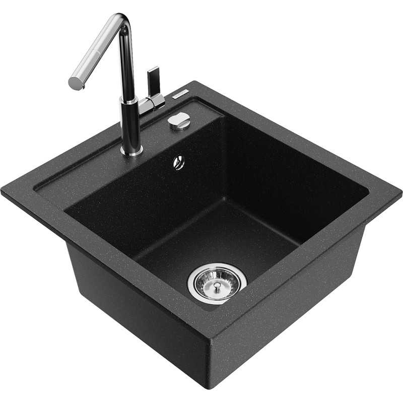 Mexen Vito granitinė vienos kameros plautuvė su Flora virtuviniu maišytuvu, juoda/sidabrinė metalo - 6503-73-670401-00