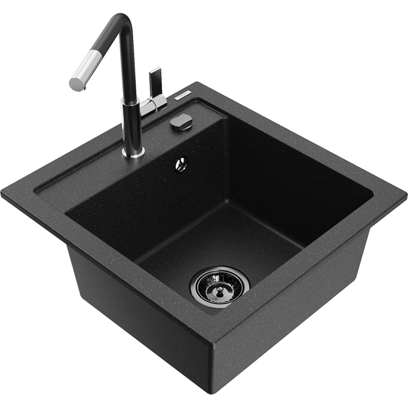 Mexen Vito granitinis virtuvės kriauklė su Flora virtuviniu maišytuvu, juodas/sidabrinis metalikas - 6503-73-670401-07-B