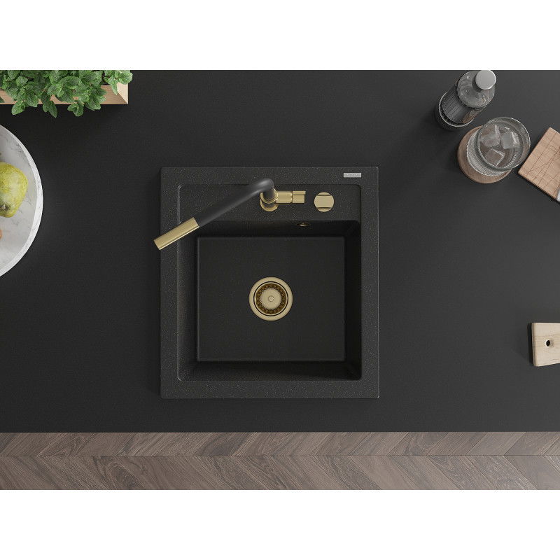 Mexen Vito vienos kameros granito plautuvė su Flora virtuviniu maišytuvu, juoda/sidabrinė metaliko - 6503-73-670401-57-G