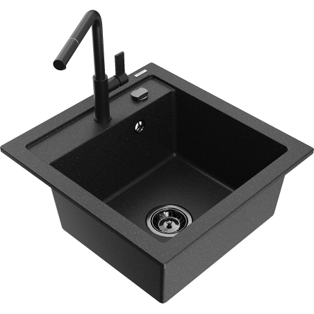 Mexen Vito granitinė plautuvė su viena kamera ir Flora virtuvės maišytuvu, juoda/sidabrinis metalikas - 6503-73-670401-70-B