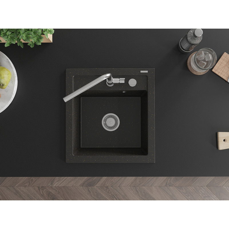 Mexen Vito granitinis virtuvės kriauklė su Flora virtuviniu maišytuvu, juodas/auksinis metalikas - 6503-75-670401-00