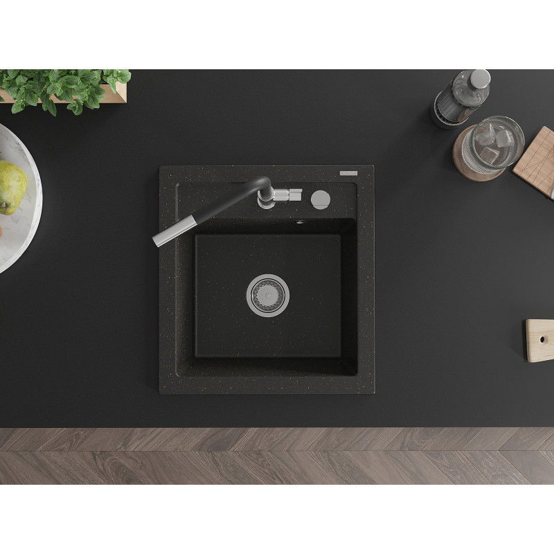 Mexen Vito granito plautuvė su viena kamera ir virtuviniu maišytuvu Flora, juodas/auksinis metalikas - 6503-75-670401-07