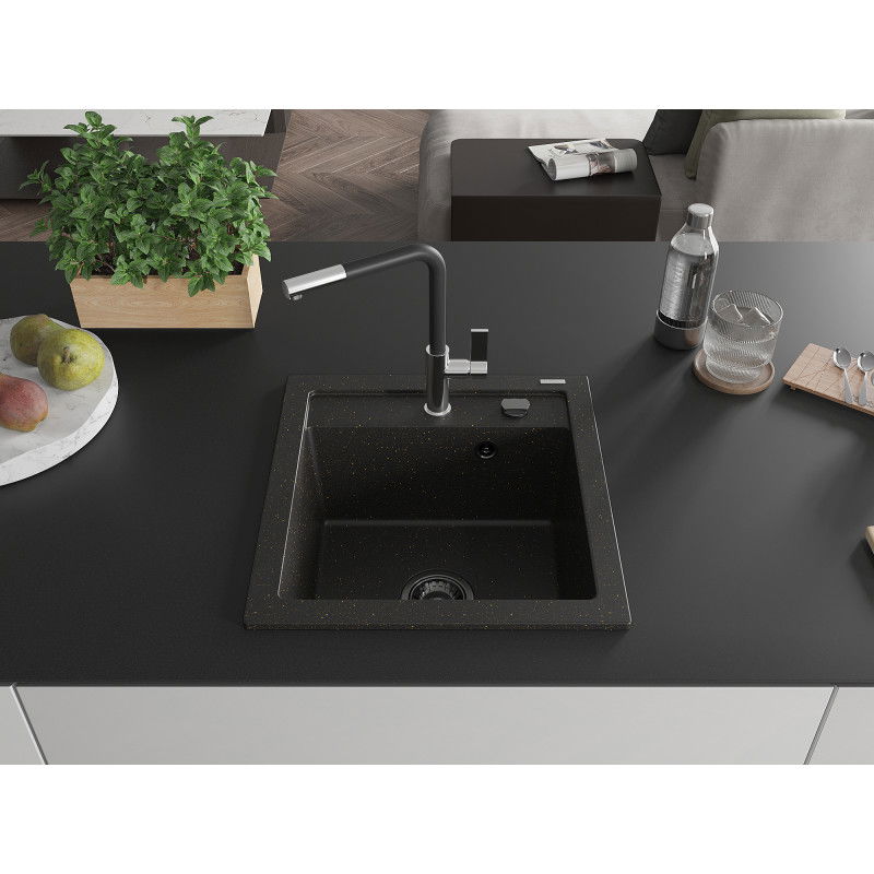 Mexen Vito granitinė virtuvės plautuvė su Flora maišytuvu, juodos/auksinio metalo spalvos - 6503-75-670401-07-B