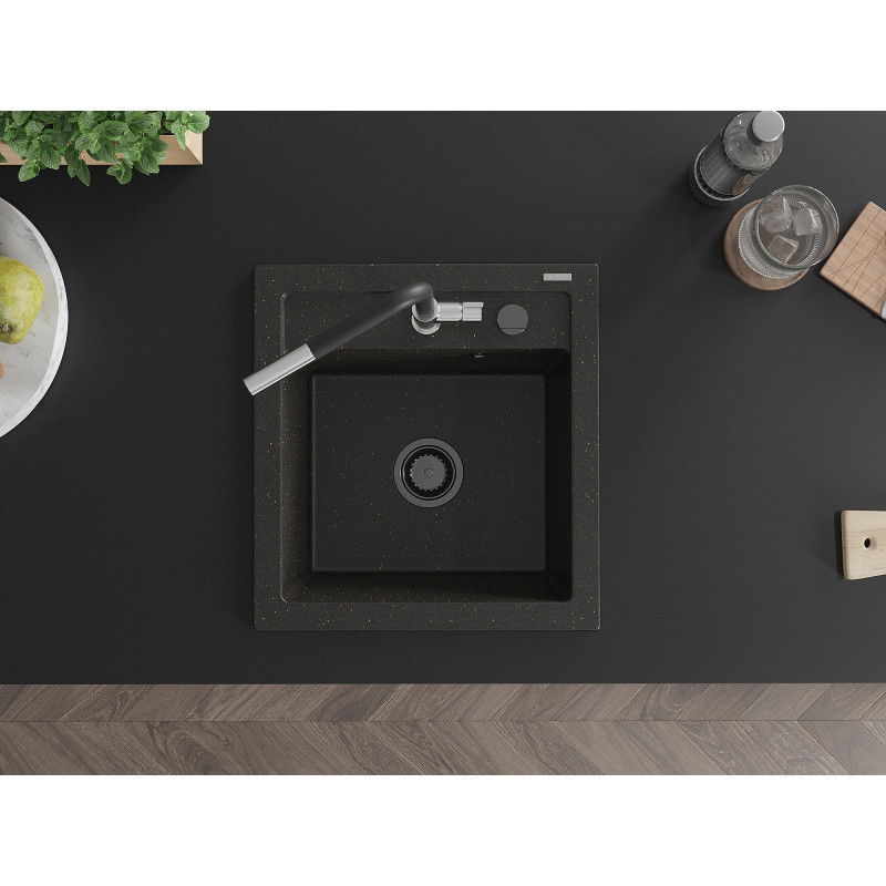 Mexen Vito granitinė virtuvės plautuvė su Flora maišytuvu, juodos/auksinio metalo spalvos - 6503-75-670401-07-B