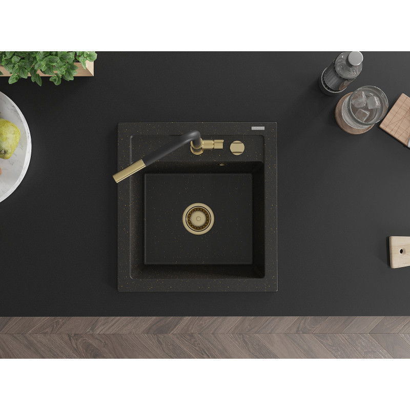 Mexen Vito granitinė 1-dalė kriauklė su Flora virtuviniu čiaupu, juoda/auksinis metalikas - 6503-75-670401-57-G