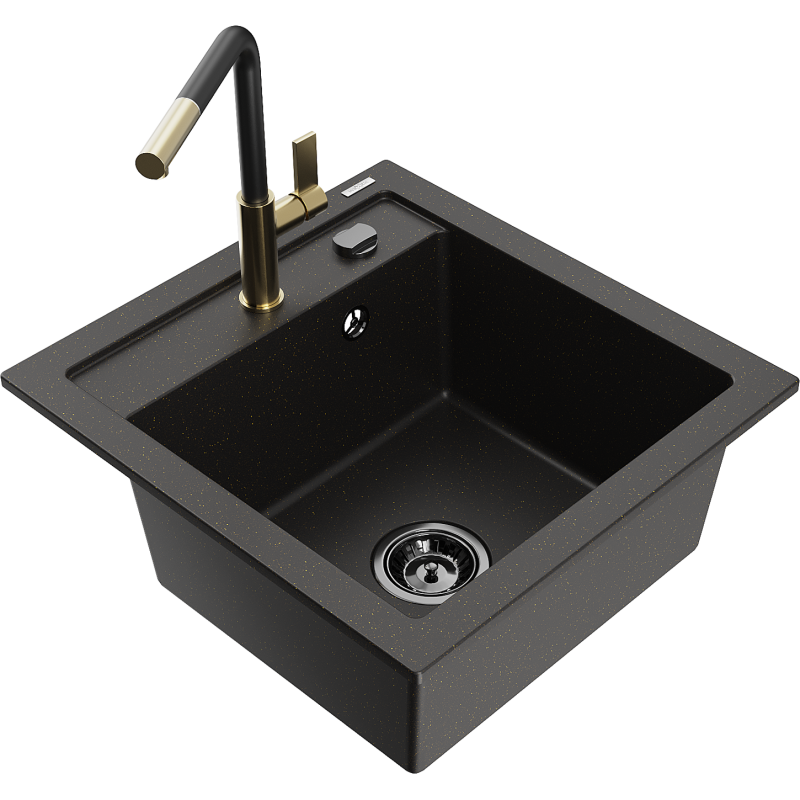 Mexen Vito vienos kameros granito kriauklė su Flora virtuviniu maišytuvu, juoda/auksinė metalik - 6503-75-670401-57-B