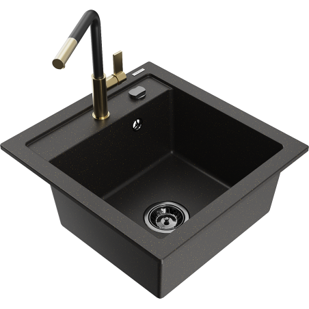 Mexen Vito vienos kameros granito kriauklė su Flora virtuviniu maišytuvu, juoda/auksinė metalik - 6503-75-670401-57-B