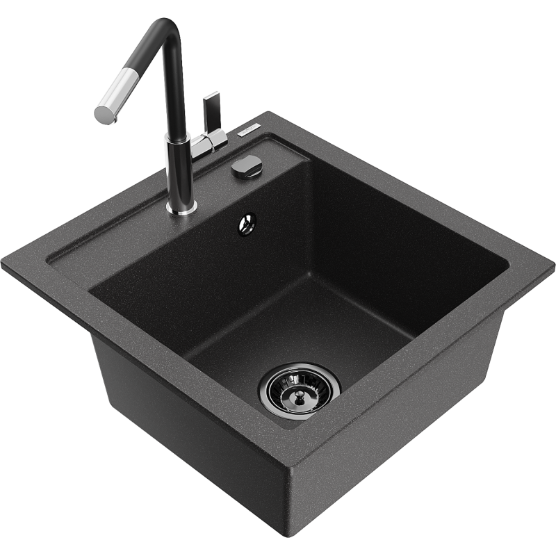 Mexen Vito vienos kameros granito virtuvės kriauklė su Flora maišytuvu, juodas su taškeliais - 6503-76-670401-07-B