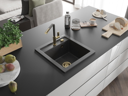 Mexen Vito granitinė vienos dubens kriauklė su virtuviniu čiaupu Flora, juoda su dėmelėmis - 6503-76-670401-75-G