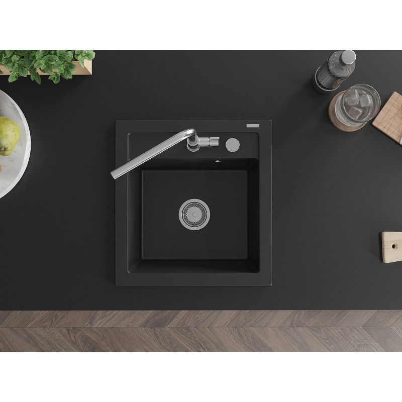 Mexen Vito granitinis virtuvės plautuvas su viena kamera ir Flora virtuvės maišytuvu, juodas - 6503-77-670401-00