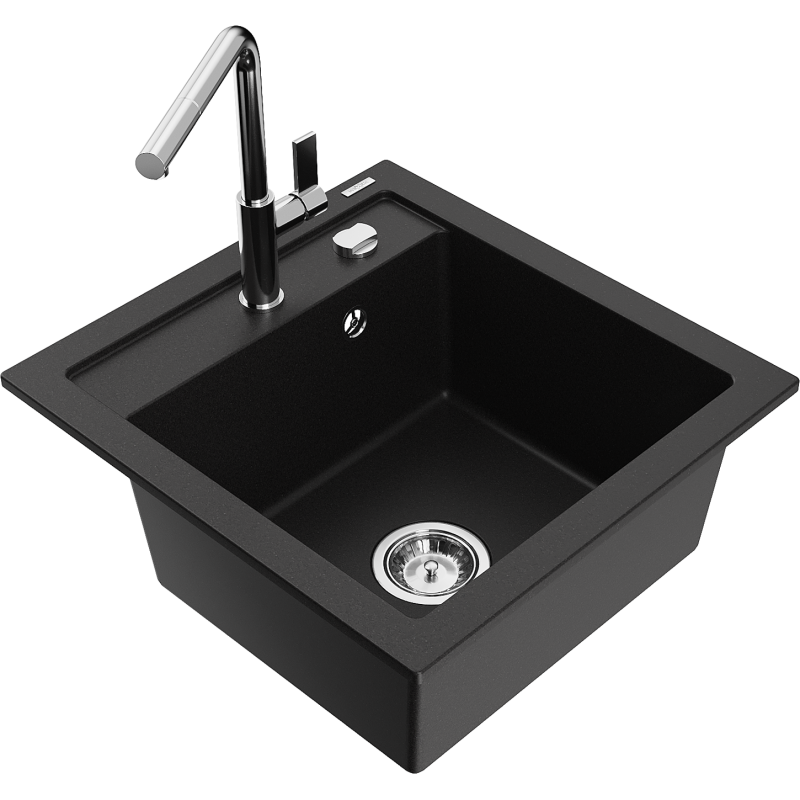 Mexen Vito granitinis virtuvės plautuvas su viena kamera ir Flora virtuvės maišytuvu, juodas - 6503-77-670401-00