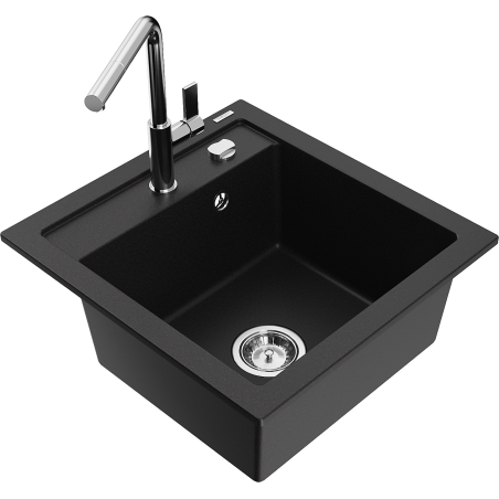 Mexen Vito granitinis virtuvės plautuvas su viena kamera ir Flora virtuvės maišytuvu, juodas - 6503-77-670401-00