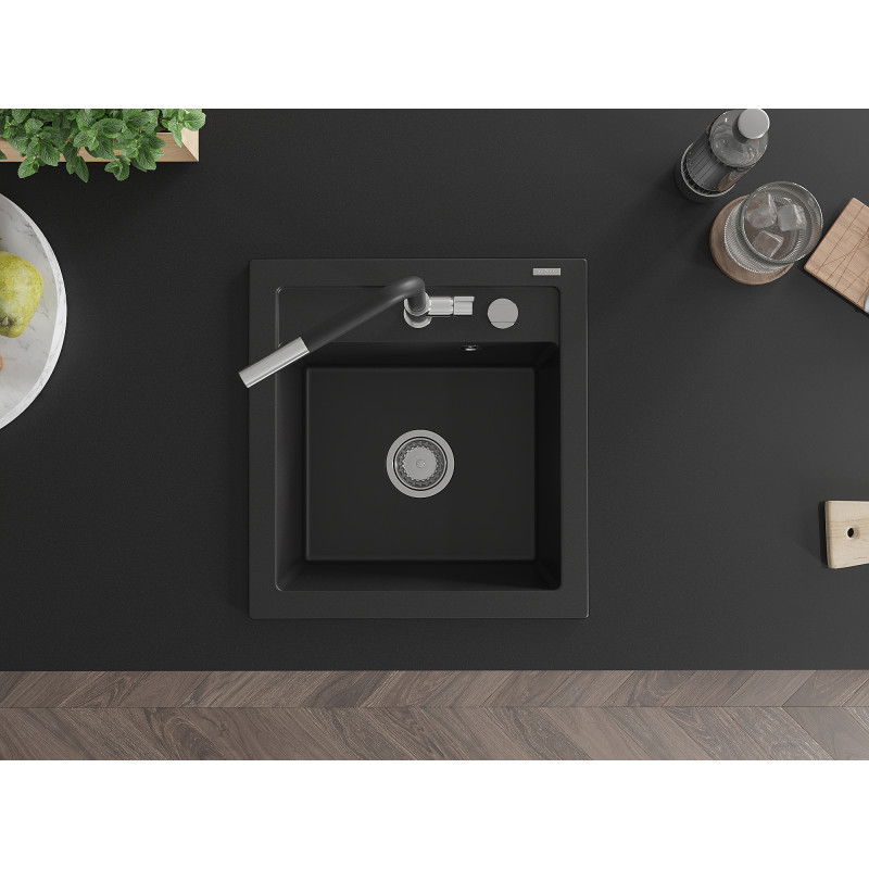 Mexen Vito granito vienos kameros plautuvė su virtuvės maišytuvu Flora, juoda - 6503-77-670401-07