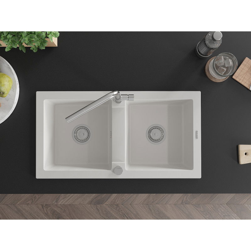 Mexen Mario granito kriauklė 2 skyrių su virtuviniu maišytuvu Flora, balta - 6504-20-670401-00