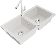 Mexen Mario granitinė dviejų kamerų kriauklė su virtuviniu maišytuvu Flora, balta - 6504-20-670401-02