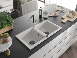 Mexen Mario granitinė dviejų skylių plautuvė su Flora virtuviniu maišytuvu, balta - 6504-20-670401-07-B