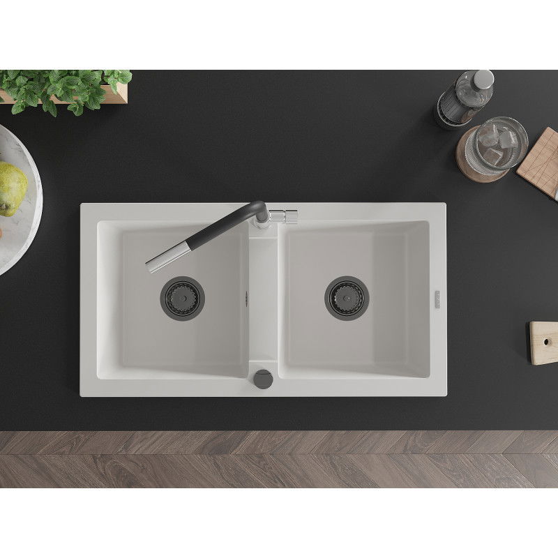 Mexen Mario granitinė dviejų skylių plautuvė su Flora virtuviniu maišytuvu, balta - 6504-20-670401-07-B