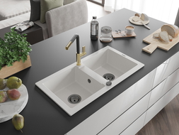 Mexen Mario granitinė dviejų skylių kriauklė su virtuviniu maišytuvu Flora, balta - 6504-20-670401-57-B