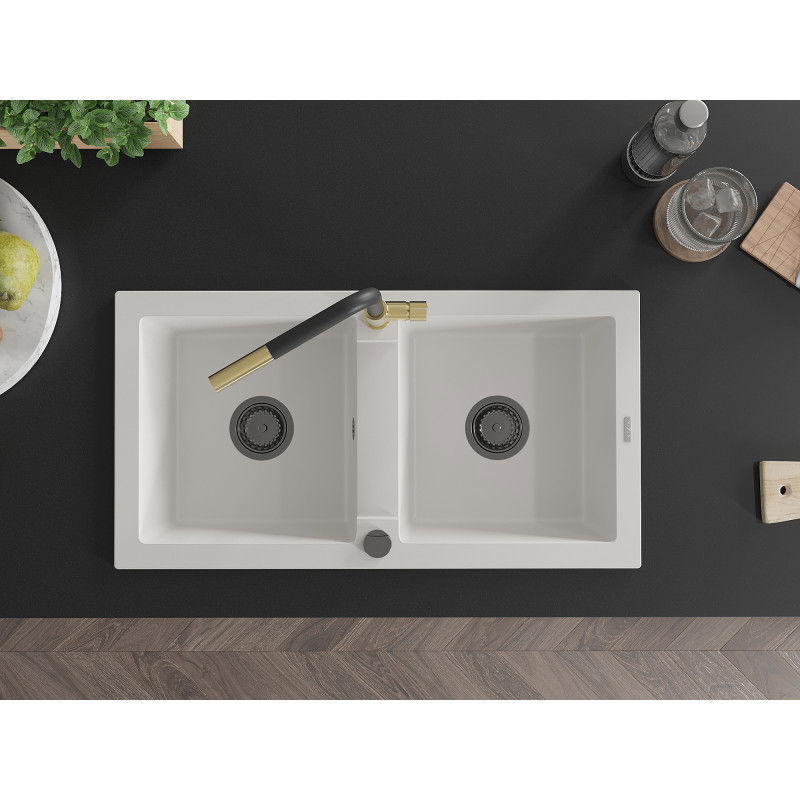 Mexen Mario granitinė dviejų skylių kriauklė su virtuviniu maišytuvu Flora, balta - 6504-20-670401-57-B