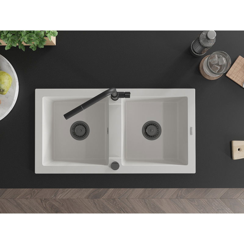 Mexen Mario granitinė dviejų kamerų plautuvė su Flora virtuviniu maišytuvu, balta - 6504-20-670401-70-B